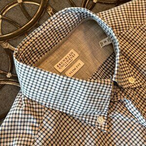 BRUNELLO CUCINELLI WHITE BLUE/BLACK CHECKERED GINGHAM DRESS SHIRT SMALL
